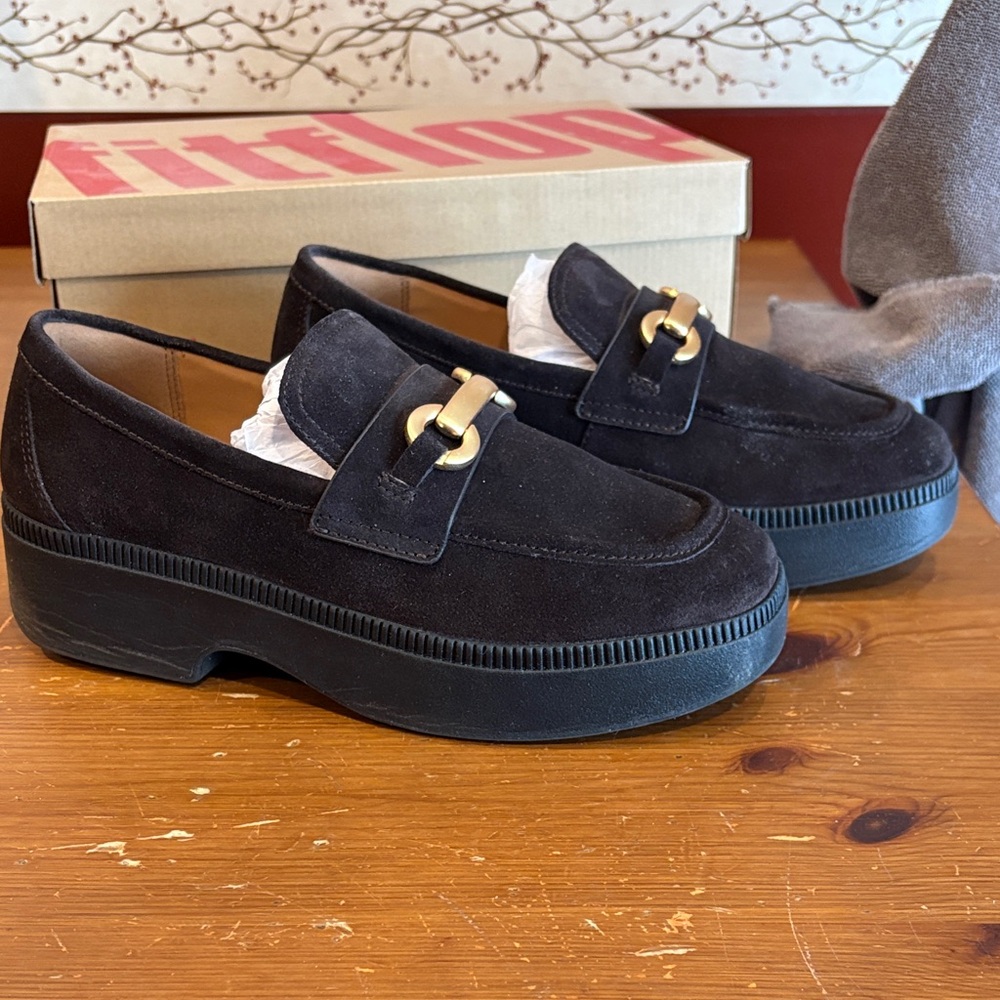 Fitflop Black Suede Loafers with Gold Buckle